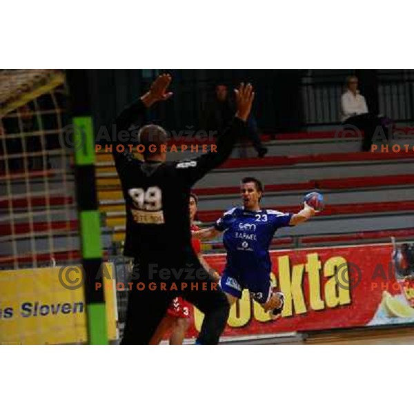 Klemen Brilej of Sevnica in action during handball match between RD Slovan and RK Sevnica, played in Kodeljevo Hall, Ljubljana, Slovenia on October 5, 2013 