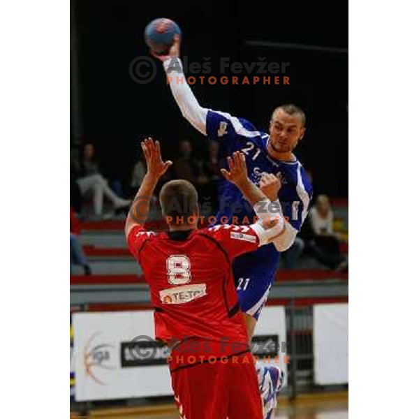 Matic Grusovnik of Sevnica in action during handball match between RD Slovan and RK Sevnica, played in Kodeljevo Hall, Ljubljana, Slovenia on October 5, 2013 