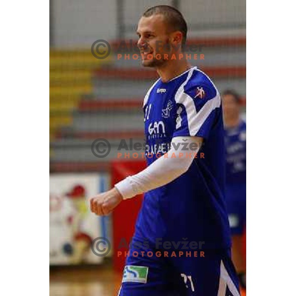 Matic Gruskovnik of Sevnica in action during handball match between RD Slovan and RK Sevnica, played in Kodeljevo Hall, Ljubljana, Slovenia on October 5, 2013 