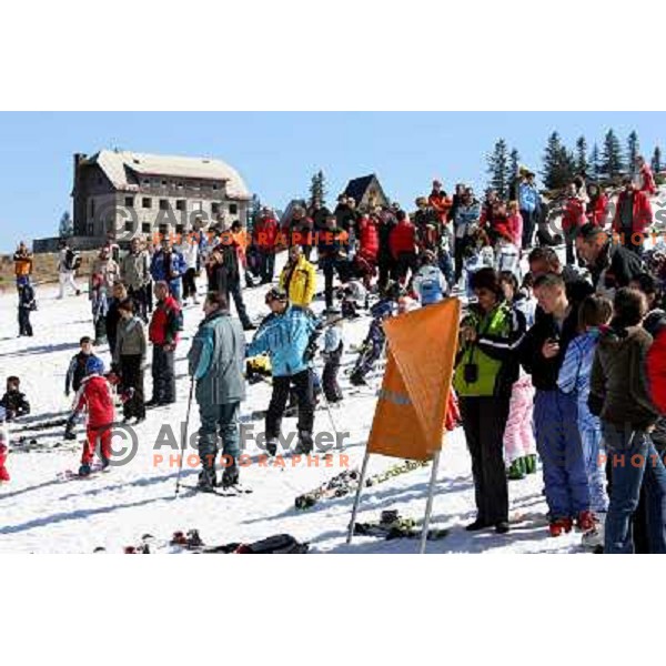 Spectators at Jahorina Ski resort, Sarajevo 1984 Olympic games Ladies Alpine ski venue at the end of skiing season 2007
