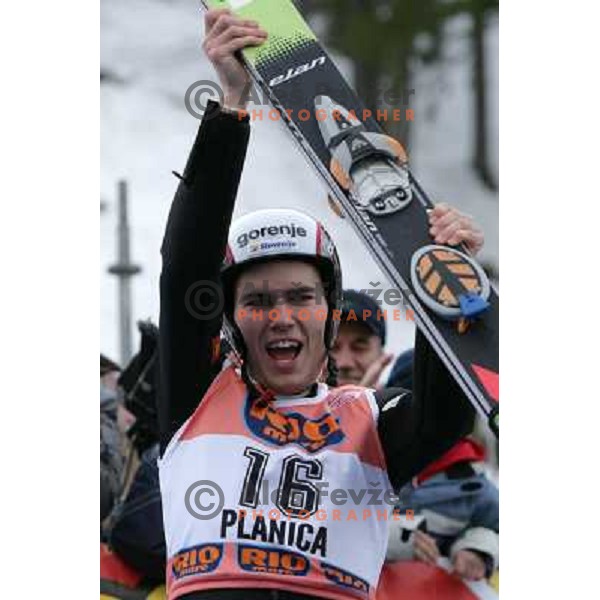 Jernej Damjan celebrate third place in fiinal round of e-on ruhrgas FIS World cup in Ski jumping in Planica 23.2.2007, Slovenia