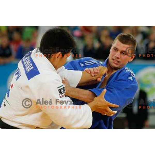 Primoz Marincic of Slovenia and Kenya Kohara of Japan in action during Judo World Championships Juniors in Arena Stozice, Ljubljana, Slovenia on October 27, 2013 