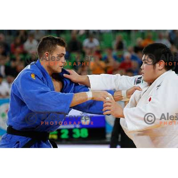 Vito Dragic of Slovenia and Isao Kurahashiof Japan in action during Judo World Championships Juniors in Arena Stozice, Ljubljana, Slovenia on October 27, 2013 