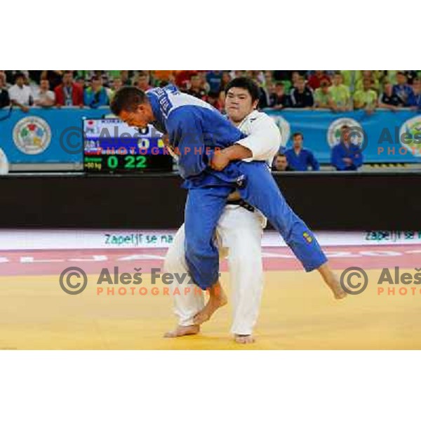 Vito Dragic of Slovenia and Isao Kurahashiof Japan in action during Judo World Championships Juniors in Arena Stozice, Ljubljana, Slovenia on October 27, 2013 