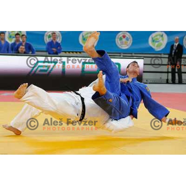 Vito Dragic of Slovenia and Isao Kurahashiof Japan in action during Judo World Championships Juniors in Arena Stozice, Ljubljana, Slovenia on October 27, 2013 