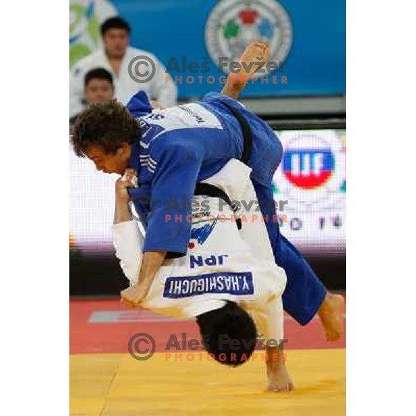 Adrian Gomboc of Slovenia and Yuuki Hashiguchi of Japan in action during Judo World Championships Juniors in Arena Stozice, Ljubljana, Slovenia on October 27, 2013 