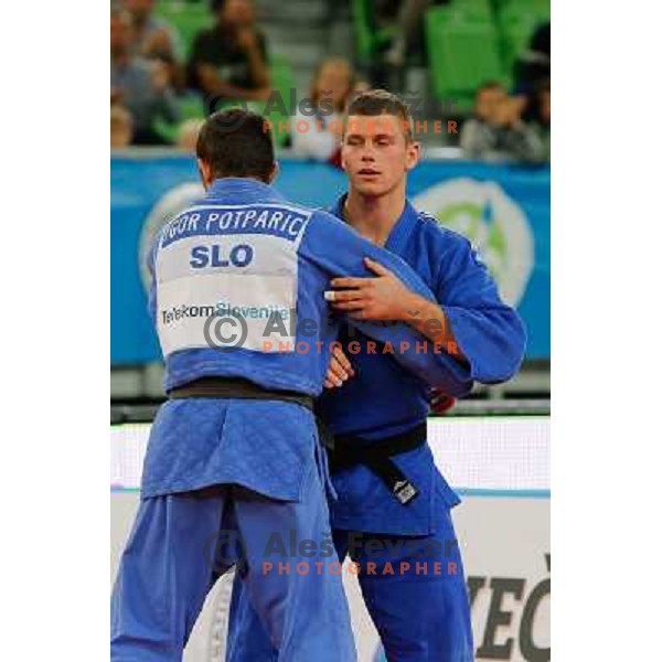 Igor Potparic and Primoz Marincic of Slovenia in action during Judo World Championships Juniors in Arena Stozice, Ljubljana, Slovenia on October 27, 2013 