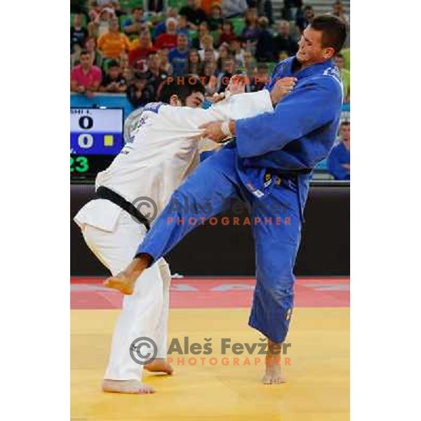 Vito Dragic of Slovenia and Isao Kurahashiof Japan in action during Judo World Championships Juniors in Arena Stozice, Ljubljana, Slovenia on October 27, 2013 