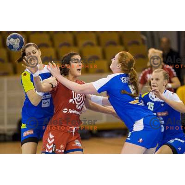 Anja Koren, Sanja Damjanovic, Lina Krhlikar, Barbara Lazovic in action during handball match Slovenia - Serbia, EHF Euro 2014 Qualifying match,Hala Tivoli, Ljubljana, Slovenia, 27.10.2013 