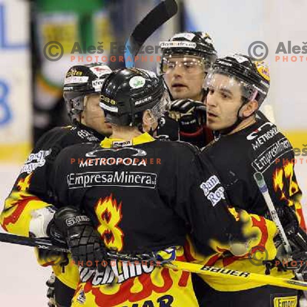 Slavija players celebrate goal during third game of the Ice-Hockey Finals of Slovenian National Championship between ZM Olimpija-Banque Royale Slavija. ZM Olimpija won the game 6:1 and leads the series 2:1