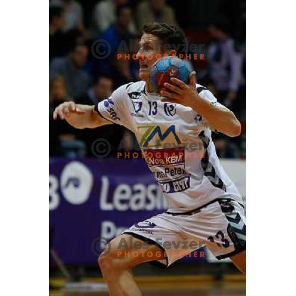 Simon Razgor of Maribor Branik in action during handball match between RD Slovan and RK Maribor Branik, played in Kodeljevo Hall, Ljubljana, Slovenia on October 27, 2013 