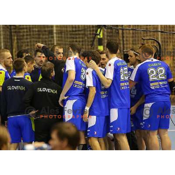 Team of Slovenia in action during handball match Slovenia-Switzerland in qualification for Qatar World Championships, played in Red Hall, Velenje, Slovenia on October 30 ,2013 