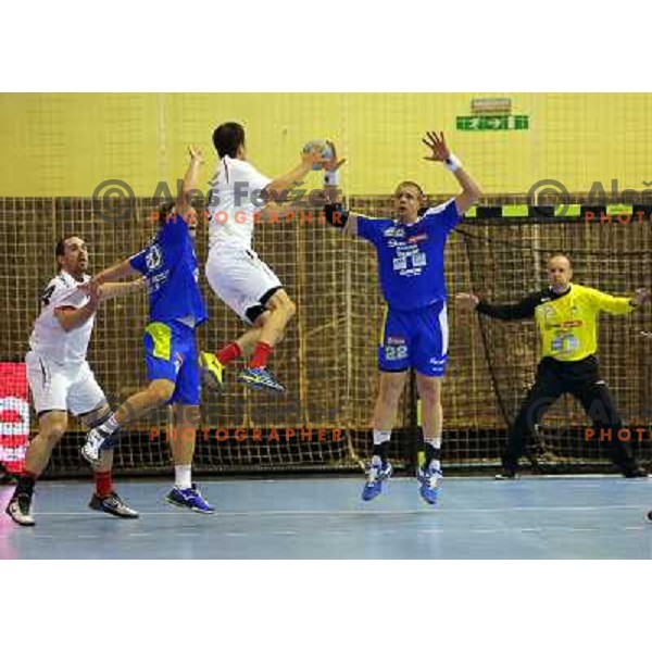 Matej Gaber of Slovenia in action during handball match Slovenia-Switzerland in qualification for Qatar World Championships, played in Red Hall, Velenje, Slovenia on October 30 ,2013 