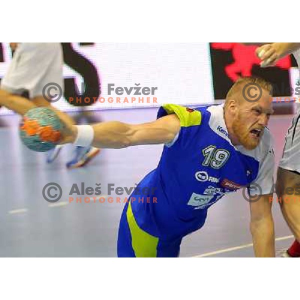 Miha Zvizej of Slovenia in action during handball match Slovenia-Switzerland in qualification for Qatar World Championships, played in Red Hall, Velenje, Slovenia on October 30 ,2013 