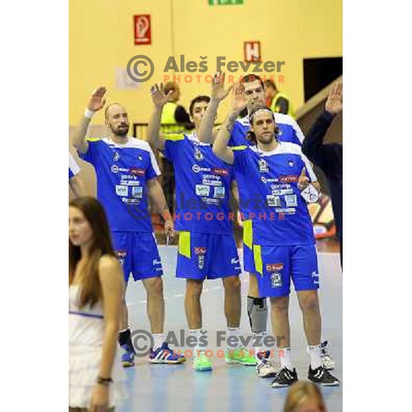 Vid Kavticnik, Jure Dobelsek, Nenad Bilbija, Dean Bombac of Slovenia in action during handball match Slovenia-Switzerland in qualification for Qatar World Championships, played in Red Hall, Velenje, Slovenia on October 30 ,2013 