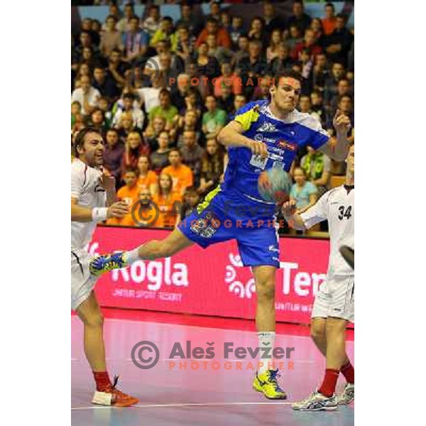 Bout Mackovsek of Slovenia in action during handball match Slovenia-Switzerland in qualification for Qatar World Championships, played in Red Hall, Velenje, Slovenia on October 30 ,2013 