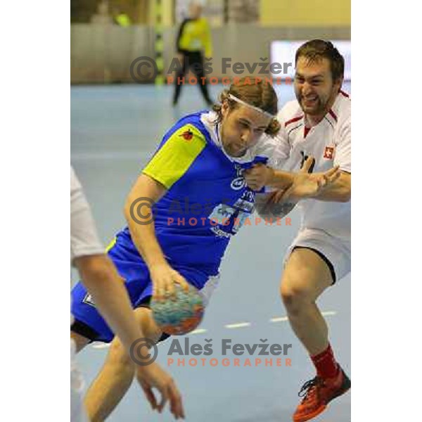 Dean Bombac of Slovenia in action during handball match Slovenia-Switzerland in qualification for Qatar World Championships, played in Red Hall, Velenje, Slovenia on October 30 ,2013 