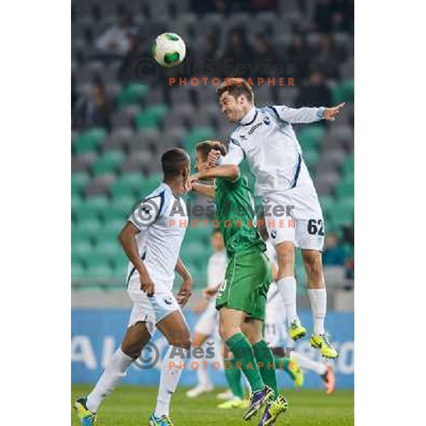 Andraz Sporar, Marco Modolo in action during football match Olimpija - Gorica, Round 16 of Prvaliga Telekom 2013-14 , Stozice , Ljubljana, 02.11.2013 
