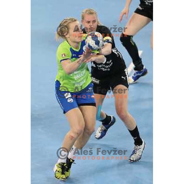Nina Worz of Krim Mercator in action during handball match Krim Mercator-Leipzig in EHF Women\'s Champions league, played in Arena Stozice, Ljubljana, Slovenia on November 16,2013 
