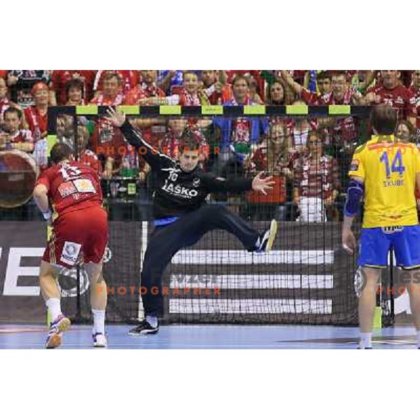 Matevz Skok of Celje Pivovarna Lasko in action during handball match Celje PL. -Vezsprem in EHF Champions League, played in Zlatorog Hall, Celje, Slovenia on November 17, 2013 