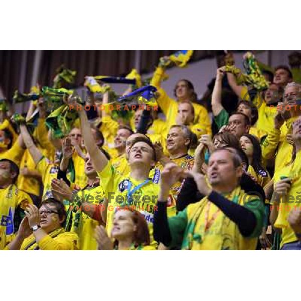 Fans of Celje Pivovarna Lasko in action during handball match Celje PL. -Vezsprem in EHF Champions League, played in Zlatorog Hall, Celje, Slovenia on November 17, 2013 