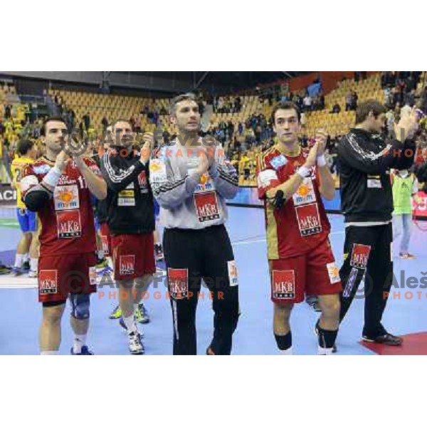 Players of Vezsprem in action during handball match Celje PL. -Vezsprem in EHF Champions League, played in Zlatorog Hall, Celje, Slovenia on November 17, 2013 