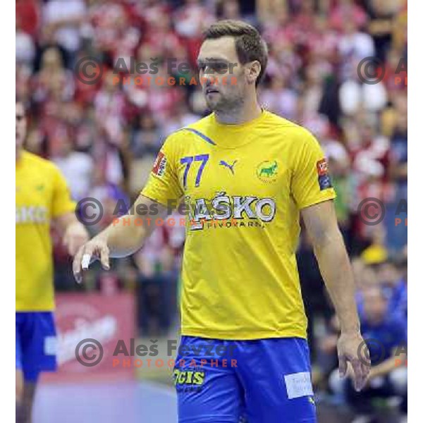 Luka Zvizej of Celje Pivovarna Lasko in action during handball match Celje PL. -Vezsprem in EHF Champions League, played in Zlatorog Hall, Celje, Slovenia on November 17, 2013 