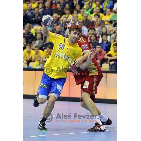 Mate Lekai of Celje Pivovarna Lasko in action during handball match Celje PL. -Vezsprem in EHF Champions League, played in Zlatorog Hall, Celje, Slovenia on November 17, 2013 