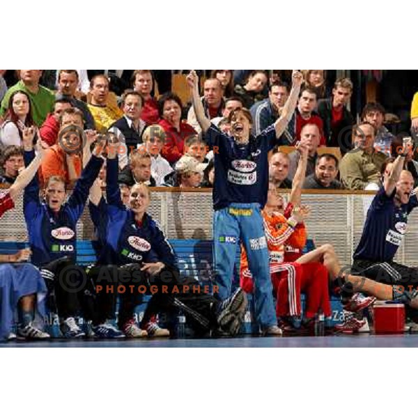 Danish bench celebrate at quarter-final of Womens Championsleague Krim Mercator-Slagelse.Match was played in Ljubljana, Slovenia. Slagelse won 28:26 and advanced to semi-final.