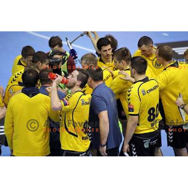 Players of Gorenje Velenje in action during EHF Champions league handball match between Gorenje Velenje ( SLO) and La Rioja (ESP) in Red hall, Velenje, Slovenia on november 23,2013 