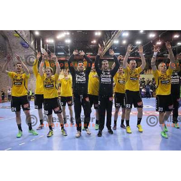Stas Skube, Emir Taletovic, Benjamin Buric, Marko Ostir of Gorenje Velenje in action during EHF Champions league handball match between Gorenje Velenje ( SLO) and La Rioja (ESP) in Red hall, Velenje, Slovenia on november 23,2013 