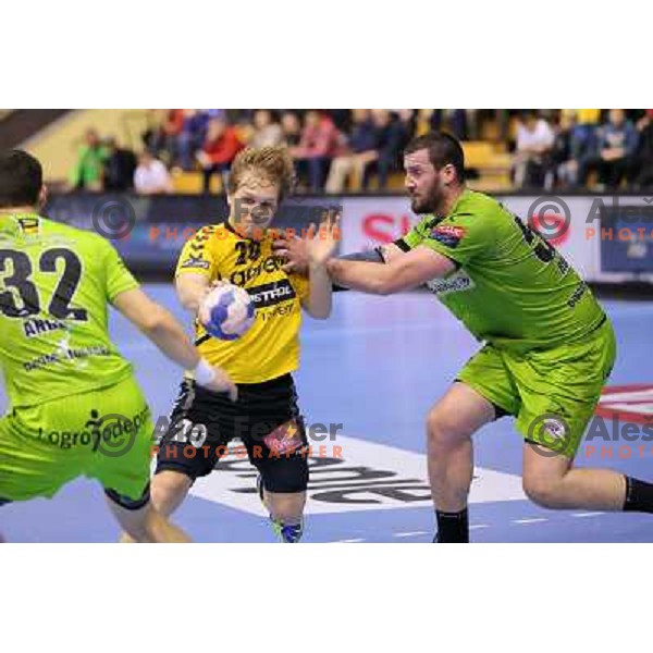 Stas Skube of Gorenje Velenje in action during EHF Champions league handball match between Gorenje Velenje ( SLO) and La Rioja (ESP) in Red hall, Velenje, Slovenia on november 23,2013 