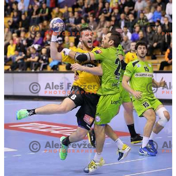 Senjamin Buric of Gorenje Velenje in action during EHF Champions league handball match between Gorenje Velenje ( SLO) and La Rioja (ESP) in Red hall, Velenje, Slovenia on november 23,2013 