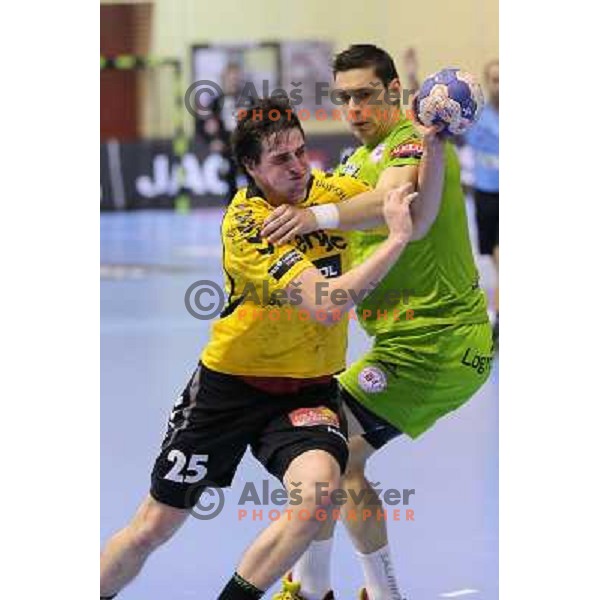 Jernej Papez of Gorenje Velenje in action during EHF Champions league handball match between Gorenje Velenje ( SLO) and La Rioja (ESP) in Red hall, Velenje, Slovenia on november 23,2013 