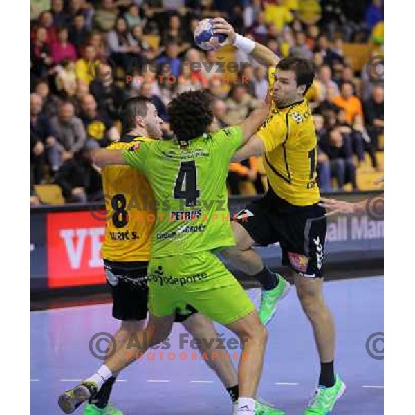 Klemen Cehte of Gorenje Velenje in action during EHF Champions league handball match between Gorenje Velenje ( SLO) and La Rioja (ESP) in Red hall, Velenje, Slovenia on november 23,2013 