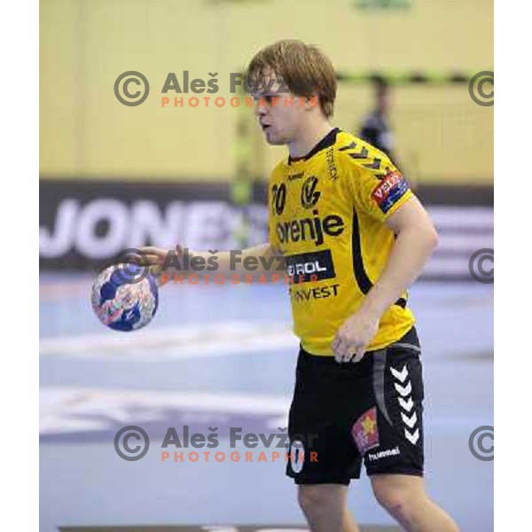 Stas Skube of Gorenje Velenje in action during EHF Champions league handball match between Gorenje Velenje ( SLO) and La Rioja (ESP) in Red hall, Velenje, Slovenia on november 23,2013 