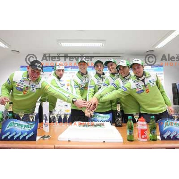 Goran Janus, Robi Kranjec, Jurij Tepes,Jaka Hvala, Matjaz Pungertar, Jernej Damjan, Tomaz Naglic of Slovenia Ski Jumping team during press conference in Ljubljana on November 25, 2013 