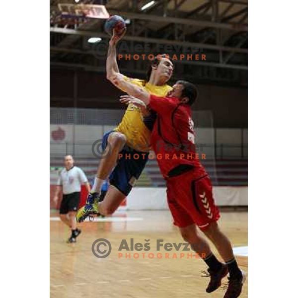 Sebastjan Skube of Celje Pivovarna Lasko in action during handball match Slovan- Celje Pivovarna Lasko in Prva liga Slovenije, played in Kodeljevo Hall, Ljubljana, Slovenia on November 27, 2013 