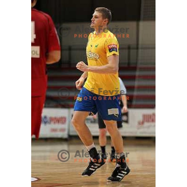 Blaz Blagotinsek of Celje Pivovarna Lasko in action during handball match Slovan - Celje PL. in 1. NLB leasing liga, played in Kodeljevo Hall, Ljubljana, Slovenia on November 27, 2013 
