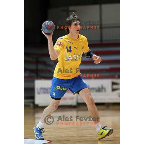 Sebastjan Skube of Celje Pivovarna Lasko in action during handball match Slovan - Celje PL. in 1. NLB leasing liga, played in Kodeljevo Hall, Ljubljana, Slovenia on November 27, 2013 