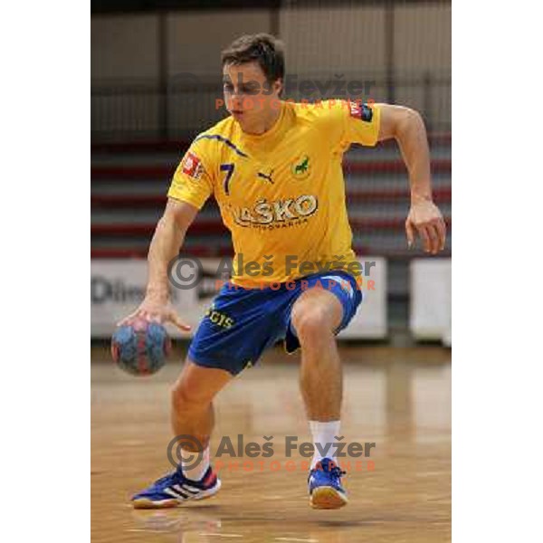 Rok Zuran of Celje Pivovarna Lasko in action during handball match Slovan - Celje PL. in 1. NLB leasing liga, played in Kodeljevo Hall, Ljubljana, Slovenia on November 27, 2013 