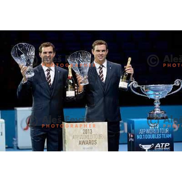 Mike and Bob Bryan of USA, winners of ATP doubles season trophy at Finals in O2 Arena, London, Great Britain on November 11, 2013 
