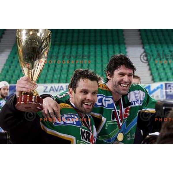 Mahoric and Ciglenecki after fifth game ZM Olimpija- BR Slavija in Slovenian Ice-Hockey National Finals. ZM Olimpija won after shot-out, won the series 4:1 and became Slovenian Champion