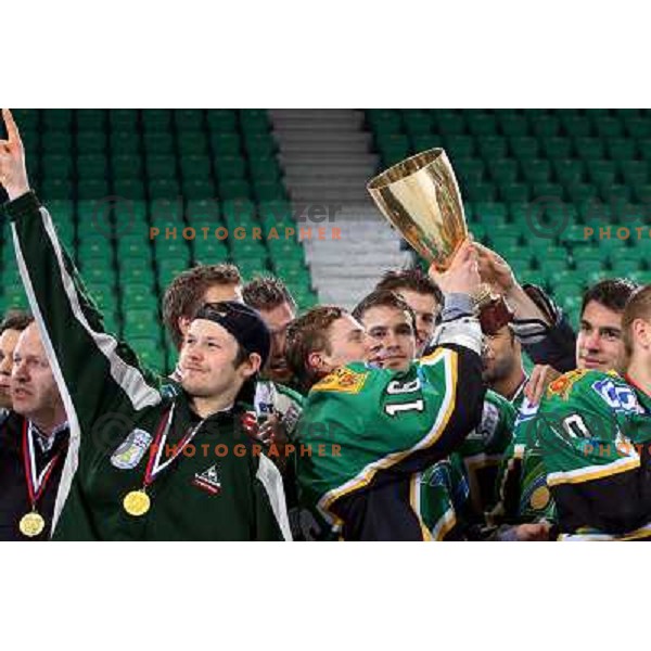 Players with trophy after fifth game ZM Olimpija- BR Slavija in Slovenian Ice-Hockey National Finals. ZM Olimpija won after shot-out, won the series 4:1 and became Slovenian Champion