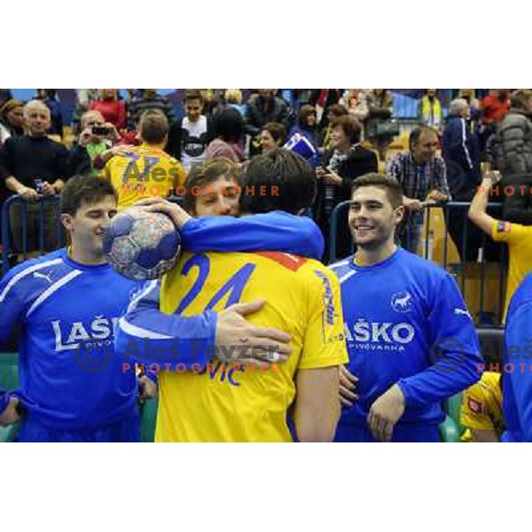 Players of Celje Pivovarna Lasko celebrate victory at handball match Celje PL. - Zagreb CO in EHF Champions League, played in Zlatorog Hall, Celje, Slovenia on November 30, 2013 