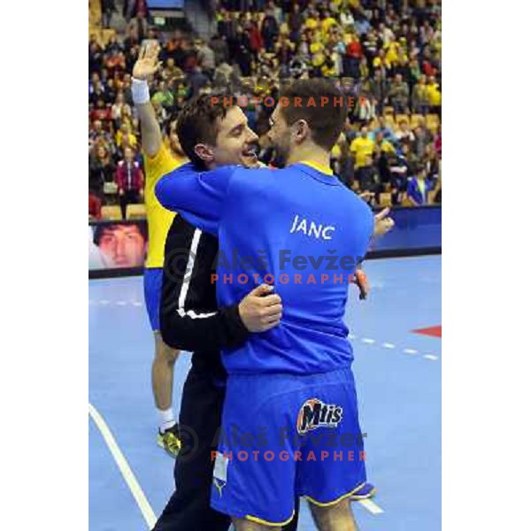 Matevz Skok and Players of Celje Pivovarna Lasko celebrate victory at handball match Celje PL. - Zagreb CO in EHF Champions League, played in Zlatorog Hall, Celje, Slovenia on November 30, 2013 