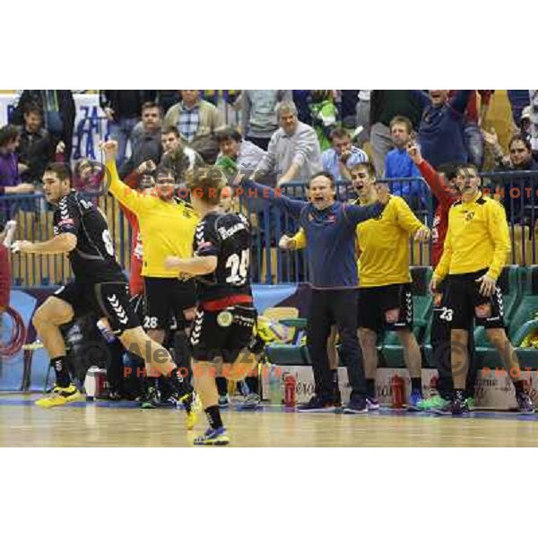 Players of Gorenje Velenje celebrate victory at handball match Celje Pivovarna Lasko - Gorenje Velenje in 1.NLB leasing liga ,played in Zlatorog Hall, Celje, Slovenia on December 4, 2013 