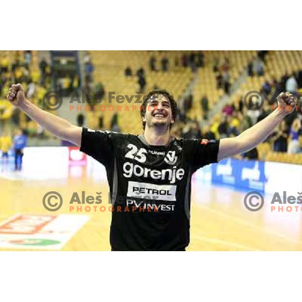 Jernej Papez and Players of Gorenje Velenje celebrate victory at handball match Celje Pivovarna Lasko - Gorenje Velenje in 1.NLB leasing liga ,played in Zlatorog Hall, Celje, Slovenia on December 4, 2013 
