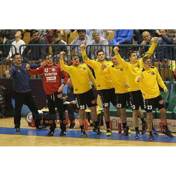Players of Gorenje Velenje celebrate victory at handball match Celje Pivovarna Lasko - Gorenje Velenje in 1.NLB leasing liga ,played in Zlatorog Hall, Celje, Slovenia on December 4, 2013 