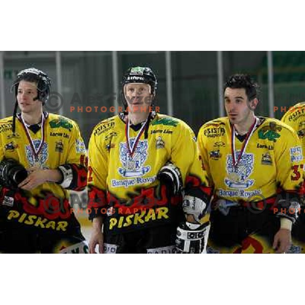 Peruzzi, Zajc and Cesnjak (left to right) after fifth game ZM Olimpija- BR Slavija in Slovenian Ice-Hockey National Finals. ZM Olimpija won after shot-out, won the series 4:1 and became Slovenian Champion